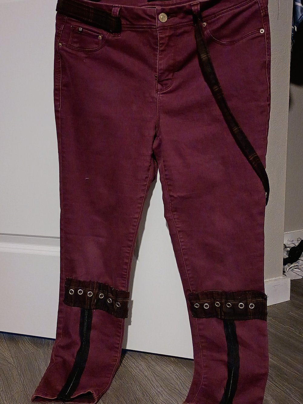 Upcycled Skinny Maroon Jeans with Grommet Trim
